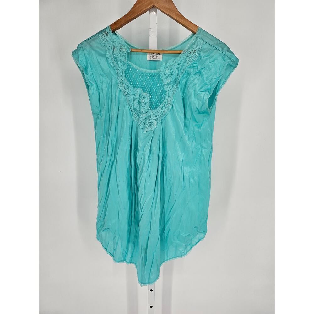 Vintage 1980s Samye Womens Sz L Teal Blue Nylon Sleep Shirt Lace Accents